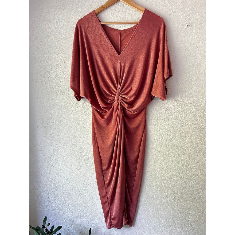 Burnt Orange Twist Front V-Neck Midi Dress Dolman Sleeve Shimmer XL